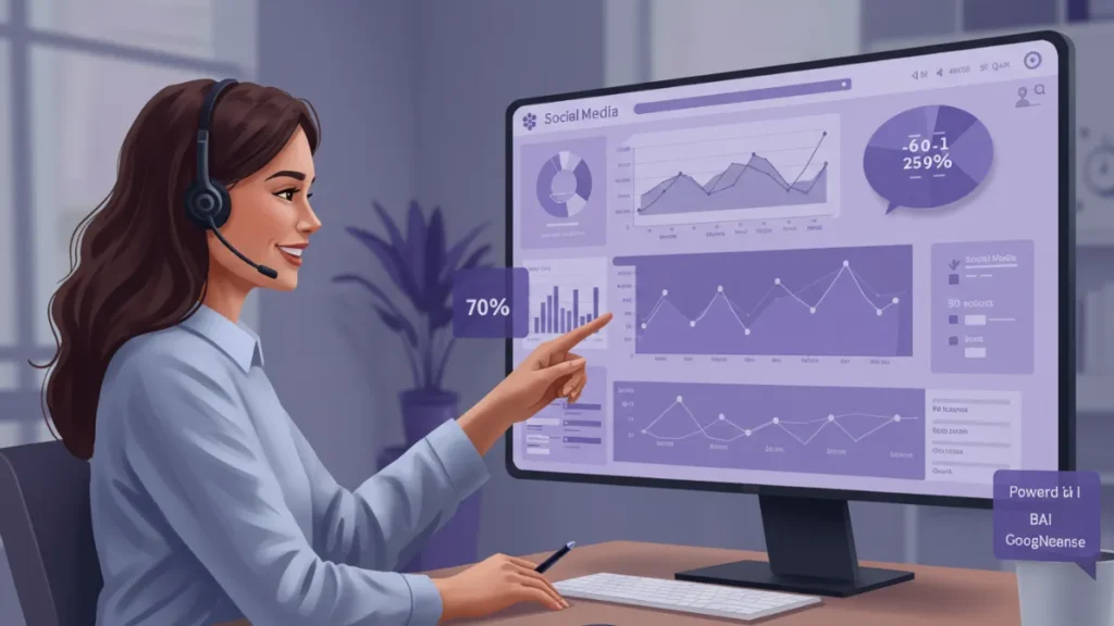 Profissional de marketing mostrando relatórios automatizados por IA em videoconferência, com gráficos e métricas na tela
