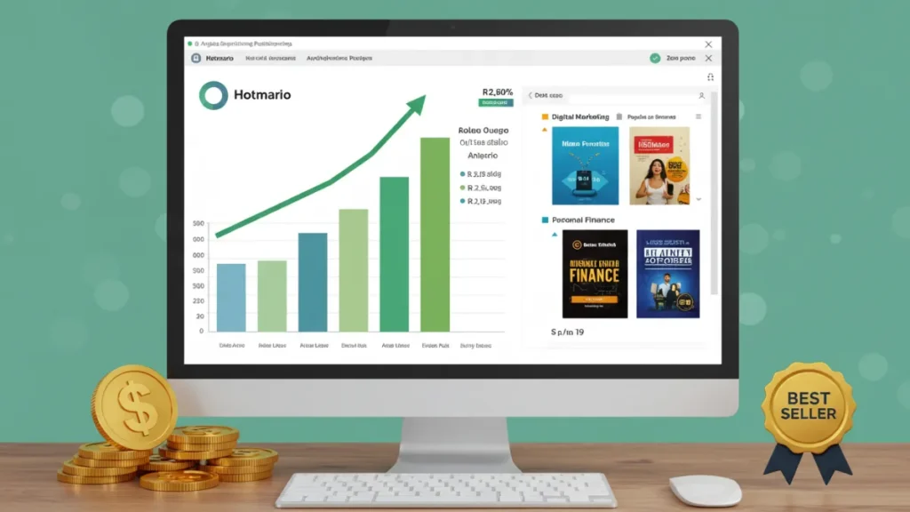 Relatório de vendas de ebooks gerados por IA, mostrando lucros mensais em plataformas digitais